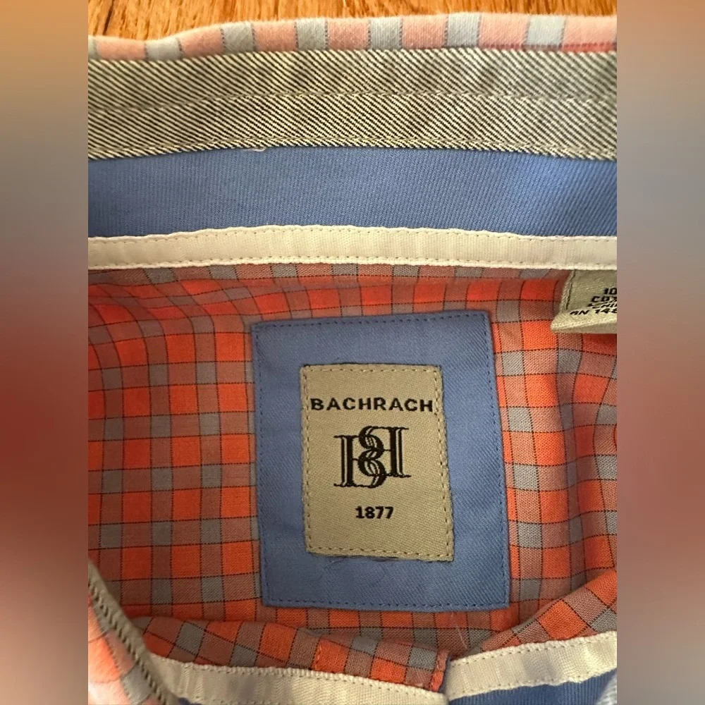 Bachrach Mens Shirt Long Sleeve Button Down Dress Plaid Orange/Pink/Blue, Sz M